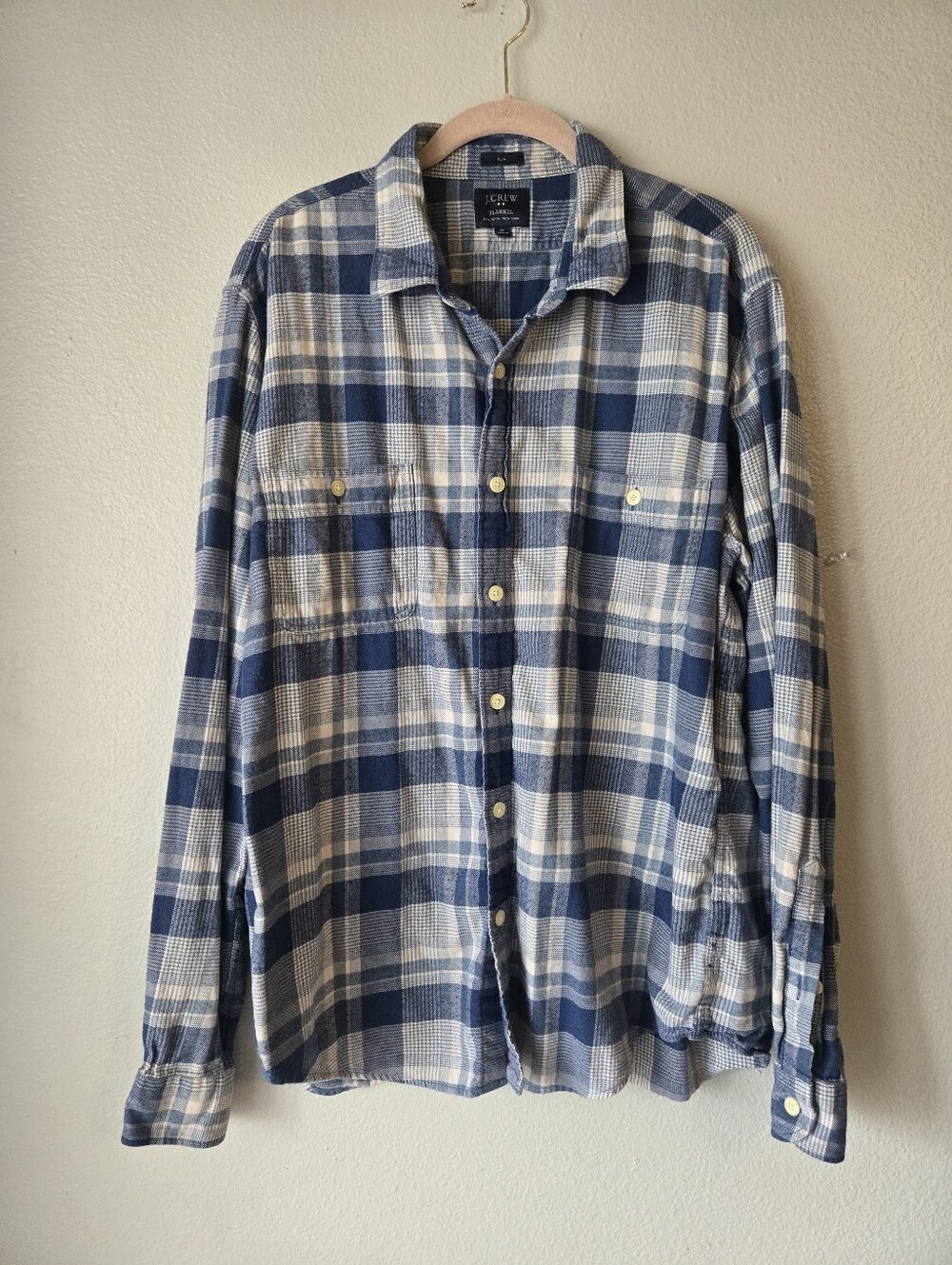 J. Crew Men's Blue and White Plaid Button-Up Shirt, 100% Cotton, XL Slim